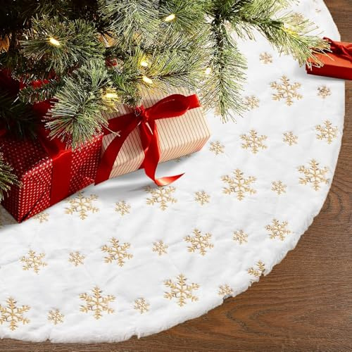 Weihnachtsbaum Decke, Weihnachtsbaumdecke Rund Plüsch Christbaumdecke Weiß mit Gold Schneeflocken Baumdecke Weihnachtsbaum Rock Christbaumständer Teppich Christmas Tree Skirt (120cm-gold)