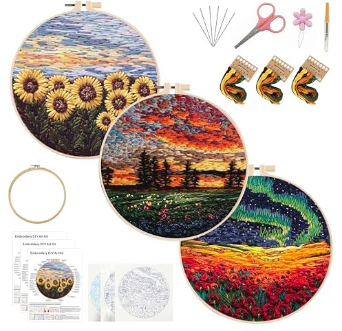 KEKEMEOW 3 Sets Stickerei Kit für Anfänger, Nähte mit ländlicher Landschaft, Stickerei Stick Übung Kit für Erwachsene Handwerk Liebhaber, Nadelpunkt Hand Stickerei Kit mit Muster、Anleitung、Reifen