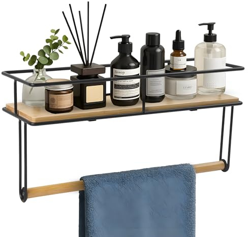 SDZOREN Wall-Mounted Wooden Shelf with Hand Towel Holder – Space-Saving Hanging Bathroom Organizer & Towel Rack - Perfect for Shower Corner, Kitchen, Toilet - Matte Black