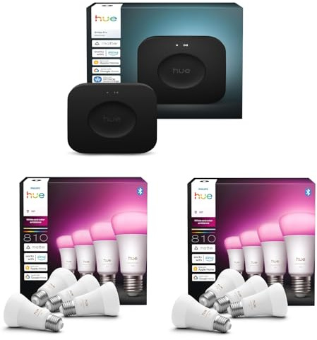 Philips Hue Lot de 2 ampoules intelligentes blanches et colorées Ambiance 810 A60 E27 (8 ampoules) + concentrateur intelligent Hue Bridge Pro | Éclairage intelligent sans fil, 16 m de couleurs