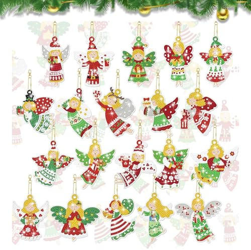 PIujsym 20 Stück Diamond Painting Weihnachten Engel Anhänger, 5D Diamond Painting Kinder Weihnachten Set, Adventskalender Schlüsselanhänger für Weihnachtsdekoration und Kinderhandwerk