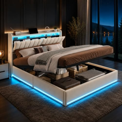 BLSYHDH Letto baule 140 x 200 con LED, letto imbottito con cassapanca imbottita LED idraulica, letti matrimoniali con ripostiglio imbottito letti per adulti baule (beige+velluto, 140 x 200)