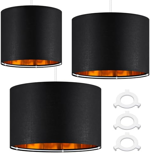 Weewooday 3 Pack Black Lampshade for Ceiling Modern Golden Inner Drum Lamp Shade with E27 to E14 Lamp Shade Adapter Ring for Pendant Lights Table or Bedside Floor Lights