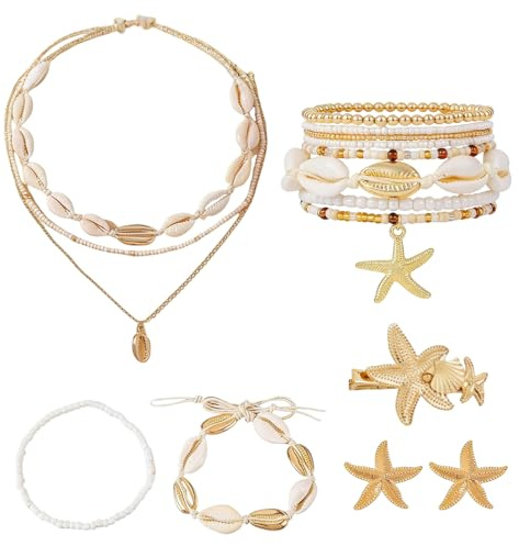 AHEJIOO Muschelkette Damen Set 12 Stück Boho Schmuck Strand Accessoires mit Seestern Armband Fußkette Haarclip Layering Ketten Sommer Look Urlaub Festival Styling muschelkette