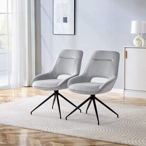 Esszimmerstühle 2er Set, 360° Drehbar mit 11 cm Polsterung, Hoher Rücken & Breite Sitzfläche, Ergonomische Armlehnen, Schwarzes Metallgestell, für Esszimmer & Wohnzimmer, Hellgrauer Stoffbezug