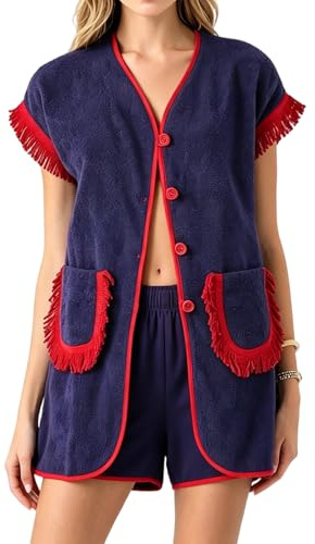 HooteBeooe Tenue 2 pièces en tissu éponge pour femme – Haut boutonné à franges et short taille haute, vêtements de détente d'été de plage, Violet marine, M