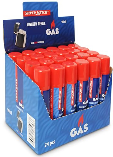 Silver Match Lot de 24 Recharges de Gaz 90 ML pour Briquet et Chalumeau de Cuisine, Gaz Butane Premium Pur, 5 Adaptateurs, Compatible Briquet Classique, Tempête, Chalumeau, Allume-Tout, D_40673310