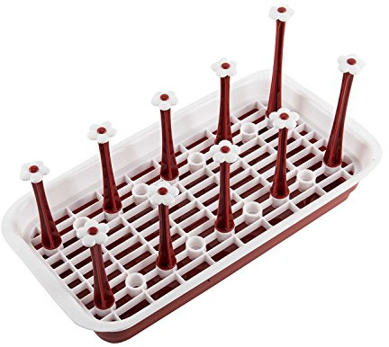 Shinesline Dish Bottle Drying Rack Stand, 10 Pieces Rectangular Plastic Cup Mug Organizer Drainer, Kitchen Accessories Utensils Dryer Tray Holder/Red