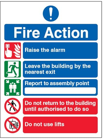 V Safety 12005AN-S General Fire Action 5 Message Sign - Portrait - 150mm x 200mm - Self Adhesive Vinyl, Black/Blue/Green/Red