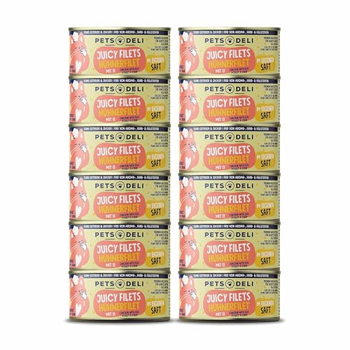 Pets Deli Juicy Filets Nassfutter für Katzen mit Huhn & Ei, 12x70g | Hühnerfilet & Ei im eigenen Saft, mit Bierhefe, getreidefrei, ohne Zucker, Premium Qualität