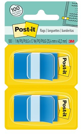 Post-it Flags, 1 in. x 1.7 in., Two Dispensers with 50-Count Bright Blue Sticky Tabs Per Dispenser (100 Flags Total), Removable Page Markers for Books, Planners, Calendars, and Other Paper Types