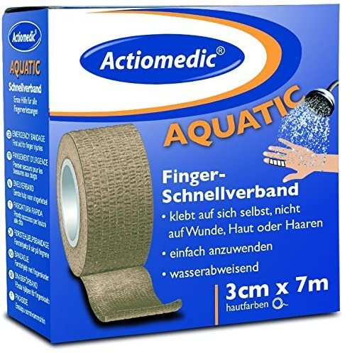 ACTIOMEDIC I Benda elastica autoadesiva rapida, idrorepellente, Cerotto a strappo colore blu/bianco/carne, Nastro adesivo ipoallergenico, 3cm x 7m, Kit pronto soccorso