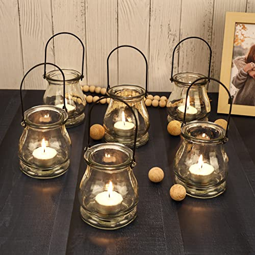 BELLE VOUS 12 Pack Hanging Glass Tea Light Candle Lanterns - H9.6cm x W8.3cm / 3.78 x 3.27 Inches - Vintage Indoor/Outdoor Décor - Small Candles Holders for Home, Garden & Wedding Parties