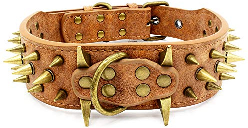 The Mighty Hundehalsband, mit Nieten, für mittelgroße und große Hunde, Größe L, Braun
