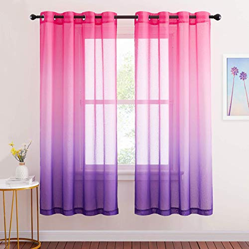 NICETOWN Farbverlauf Vorhang Kinderzimmer Mädchen Gardinen Transparent | 2er Set H175 x B140 cm, Pink+Lila, Sheer Curtains, Lichtdurchlässig, Voile Gardinen, Ösen, für Schlafzimmer Wohnzimmer