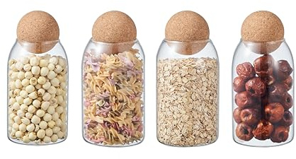 ORNAMI Clear Glass Kitchen Storage Jar with Cork Ball | Mason Food Canister Jar with Spherical Cork Lid | BPA-Free Pantry Organiser (Set of 4, 0.8L)