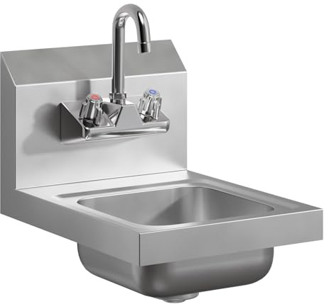 12 x 16 Stainless Steel Hand Sink | Commercial Wall Mount Hand Basin with Gooseneck Faucet, Strainer, Back Splash | NSF Certified | Perfect for Restaurants, Bars, Stores, Kitchen and More