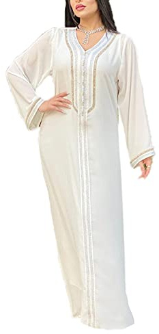 Suncolour Robe Islamique Arabe pour Femme Robe Blanche Musulmane Ethnique Ramadan avec Gilet Jupe Longue