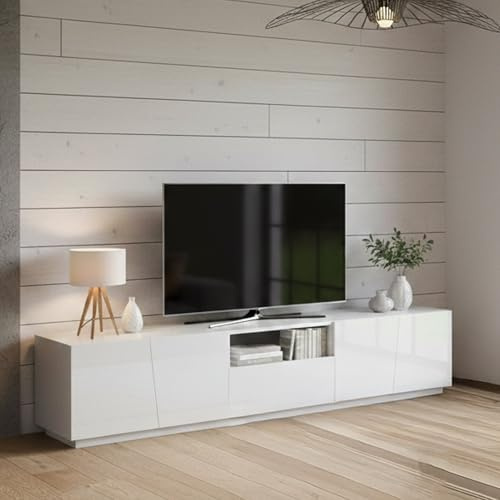 Dmora - Meuble TV Paul, Buffet bas de salon, Base pour meuble TV, 100% Made in Italy, 220x43h46 cm, Blanc brillant, avec lumière LED