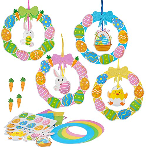 DKINY 8 Stück Ostern Kränze Bastelsets für Kinder Osterkranz Mix & Match Deko Anhänger mit Osterküken Osterhase Ostereier Moosgummi Teilen Kunst und Bastelhandwerk Osterdeko zum Basteln für Ostern
