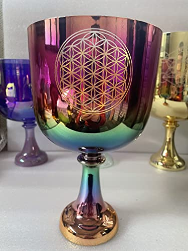 Calice chantant en cristal 3ème octave B note chakra multicolore avec gravure « fleur de vie » pour guérison sonore 432 Hz.