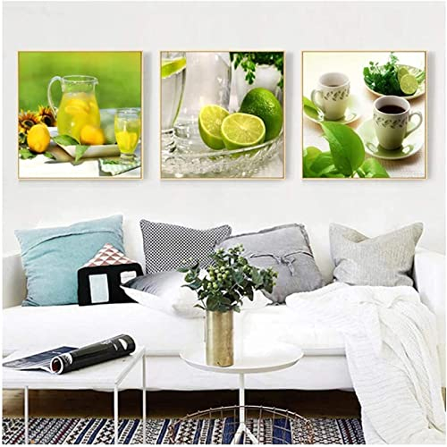 AIVYNA Bilderwerk Bild Kunstdruck GrüNe FrüChte Limette Zitrone Kaffee Blume Bild Leinwand GemäLde Kunstdrucke Poster KüChe Wand Bilder Esszimmer Wohnkultur Rahmenlos 40×40 Cm×3st