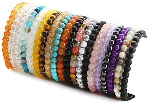 JEWPARK 20Pcs Gemstone 6mm Round Beads Bracelet Set Healing Crystal Stone Stretch Bracelets for Men Women Round Beaded Elastic Bracelets