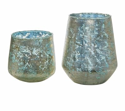 Loberon Windlicht 2er Set Gare - Antikblau & Gold, Handfoliertes Glas, Verschiedene Größen