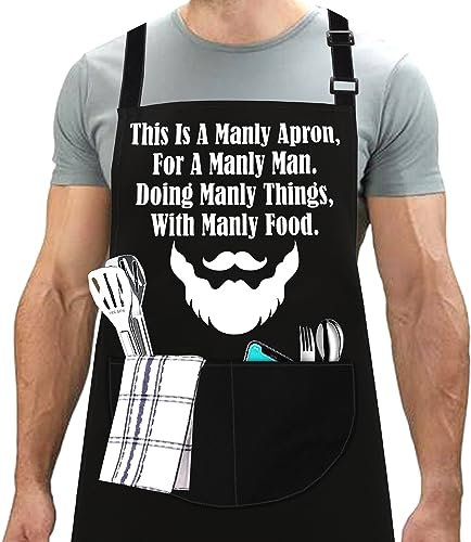 LINEN CLOSET® Manly Man Apron with 2 Front Pockets - Funny Grilling BBQ Apron for Men - Kitchen Cooking Gift