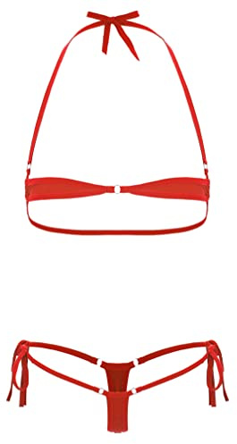 JEATHA 2Pcs Ensemble Femme Sexy Bikini Ouvert Soutien-Gorge String à Lacets Ficelle Maillot De Bain Micro Bikini Monokini 2 Pièces Lingerie Coquine Rouge Taille Unique