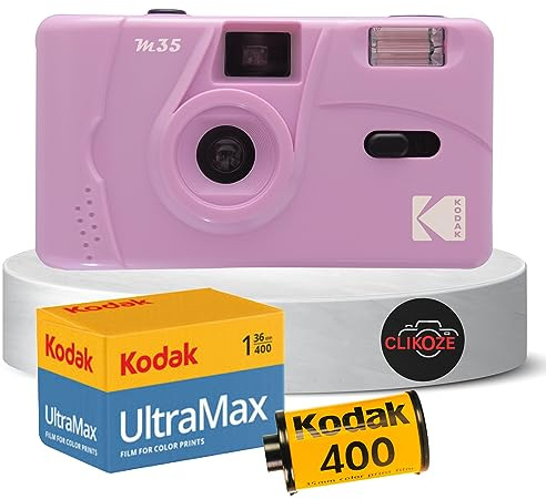 Lot de 2 appareils photo réutilisables comprenant un appareil photo Kodak M35 35 mm, un film Kodak 35 mm 36 poses et une carte Clikoze Tips (violet)