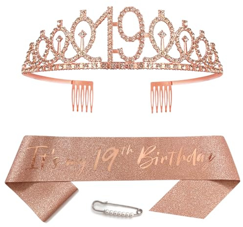 19. Geburtstags Krone und Schärpe für Mädchen Kristall Queen Tiara Princess Crown Roségold 19th Birthday Schärpe 19 Geburtstagskrone Geburtstagsschärpe Girls Geburtstag Dekoration Geburtstagsgeschenk