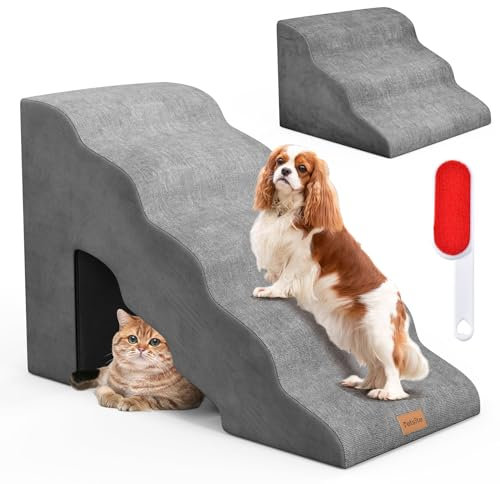 GOPLUS Hundetreppe für kleine Hunde, Haustiertreppe mit 3/5-stufiger Rampe, aus weiche Schaumstoff, Hundestufen mit Haustierloch, Rutschfester Unterseite, 51cm für hohe Betten, Couch, Sofa (Grau)