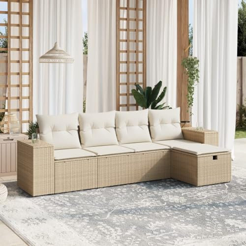 Rantry 5-TLG. Gartensofa Set mit Kissen Gartenlounge Loungesofa Gartenmöbel Ecklounge Ecksofa Balkonmöbel Sitzgruppe Loungemöbel für Garten Terrasse und Balkon Beige Poly Rattan