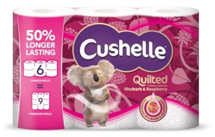 Cushelle Gestepptes Toilettenpapier, Himbeer- und Rhabarber, 50 % länger haltbar, 6 gleich 9 normale Rollen