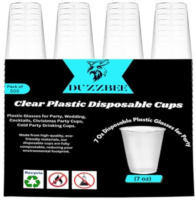 DUZZBEE Clear Plastic Cups Disposable Cups Pack of 500| 7 Oz Disposable Plastic Glasses for Party, Wedding, Cocktails, Christmas Party Cups, Cold Party Drinking Cups (500)