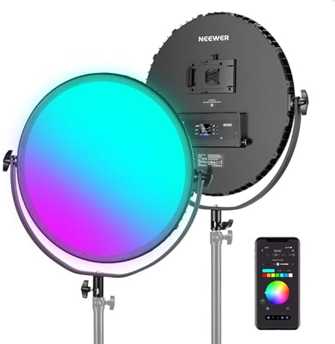 NEEWER Lampe Vidéo à Panneau Rond LED RGB 45,7cm avec Contrôle par App, 65W 6000 Lux/0,5m 2500K-8500K RGBCW éclairage de Studio de Photographie/18 Scènes/V Alimenté par Batterie pour Tournage, GR18C