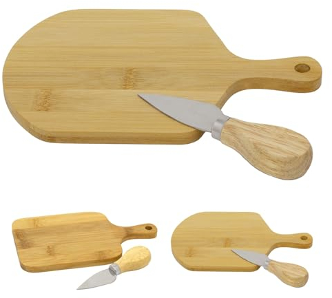 Mini Bamboo Cheese Board With Knife | Wooden Cheese Serving Platter | Small Single Cheese Board & Knife ~ 20cm - Design Varies One Supplied