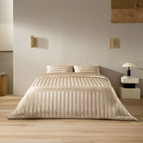 LILYSILK Reine Maulbeerseide Bettbezug 19MM einfarbig und gestreiftes Jacquardwebmuster Bettdeckenbezug mit verstecktem Reißverschluss für den ganzjährigen Gebrauch (Champagne, 135×200cm)