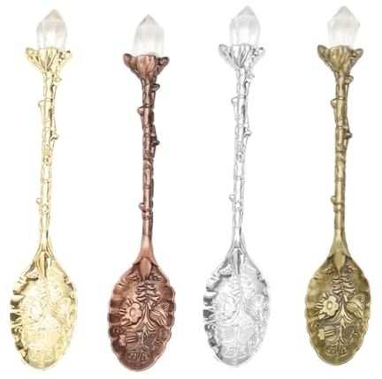 KICHOUSE Retro Carved Crystal Spoon 4pc Set Teaspoon Ice Dessert Spoon Vintage Spoon for Coffee Desserts