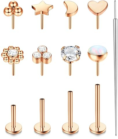 Chriscoco 18G G23 Titan Tragus Labret Nasenpiercing Stecker Lippenpiercing CZ Opal Herz Ohr Monroe Medusa Helix Schmuck Roségold 6/8/10/12MM