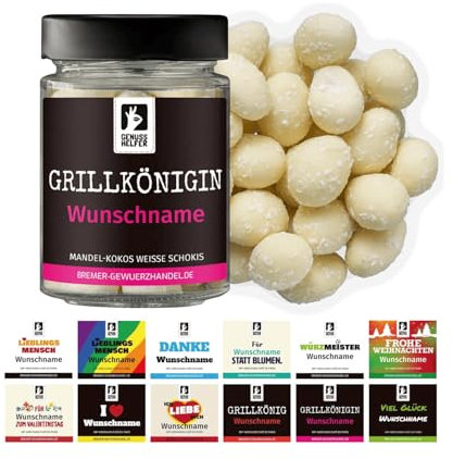 Bremer Gewürzhandel Geschenkglas mit Namen: Weiße Mandel Kokos Schokis, personalisierte Schokolade, leckeres Geschenk mit Wunschnamen, 100g