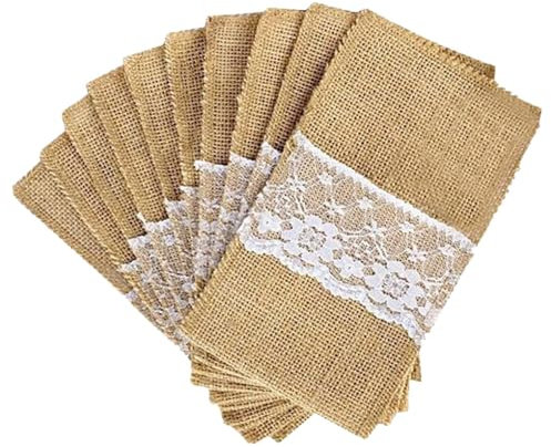 Ttiy Jute-Besteckhalter, Jute, Utensilienhalter, Leinen, Messer, Gabeln, Taschen, tragbare Bestecktasche für Geschirr, Esstisch, 10 Stück, Spitze