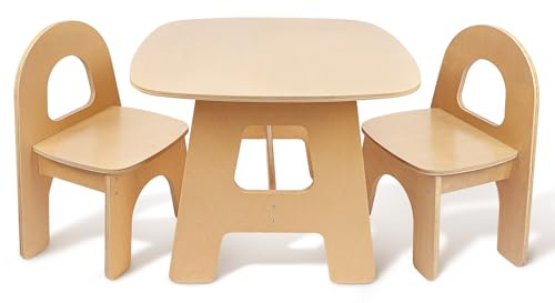wooshwa Montessorianskt soffbord och stolar för barn, barnbord med 2 stolar, böjd rygg, massivt trä, perfekt för läsning/äta/lek, enkel montering
