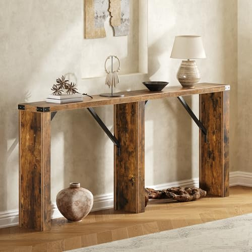 Tavolo Consolle Ingresso Extra Lungo in Stile Industriale, Tavolo Console Stretto da Divano con Finitura Vintage, Struttura Metallica e Supporto Triangolare, per Ingresso, Corridoio e Soggiorno