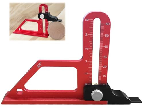 Tiefenmesser Oberfräse, Metrisch und Zoll, Aluminiumlegierung Material Tiefenmesser, Einstellbare Skala 0–60 mm, 45°-Neigungstiefenmesslineal, Geeignet für Holzbearbeitungs-Heimwerker (Rot)