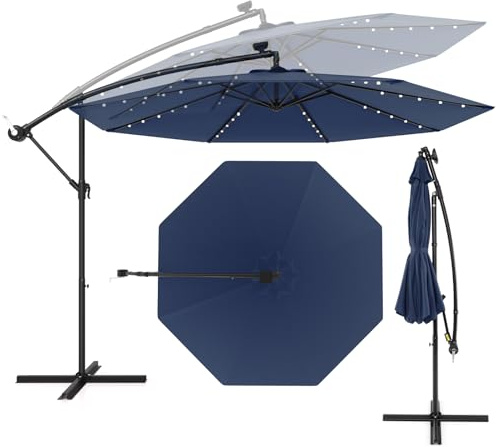 KOMFOTTEU 3 m Sonnenschirm mit LED, Terrassenschirm mit UV-Schutz & Kreuzfuß, Kurbelschirm neigbar, Marktschirm Gartenschirm für Hof, Pool (Blau)