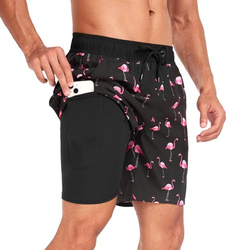 Baddräkt för män med ficka, vattentäta, snabbtorkande badshorts med justerbar dragsko fritid korta strandbyxor, Svart rosa, M