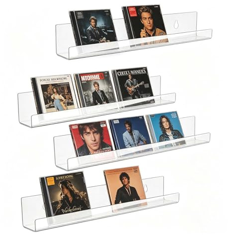 GOTFUN Clear Acrylic Floating Shelves 4 Pack Moisture Proof Small Shelves for Wall No Drilling Wall Mounted Shelves for Album Record Book Picture Display in Bedroom,Bathroom,Living Room