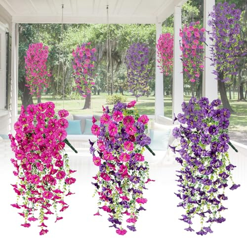 TMZELOA Flores Artificiales Seda Petunia 3 Paquetes Flores Artificiales Colgantes de Petunia Plantas Artificiales Colgantes de Eucalipto como Real 75 cm Resistentes UV para Jardín Porche Balcón Patio